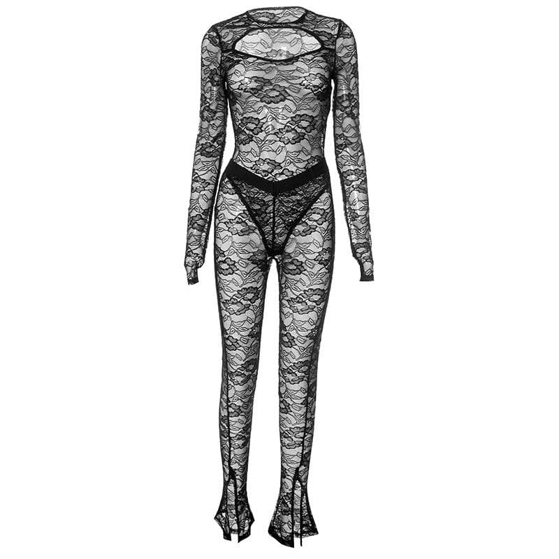 Long sleeve hollow out lace see through pant set