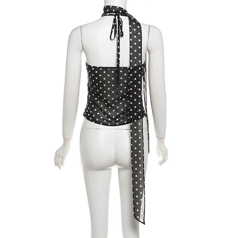 Halter polka dot ruffle chiffon 2 piece see through top