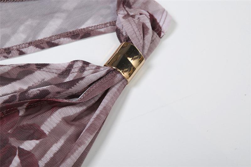 One shoulder irregular hollow out high slit print maxi dress