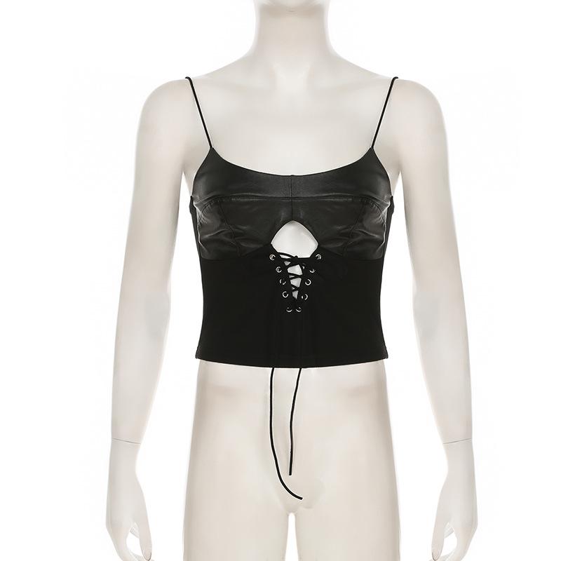 PU leather patchwork lace up cami top