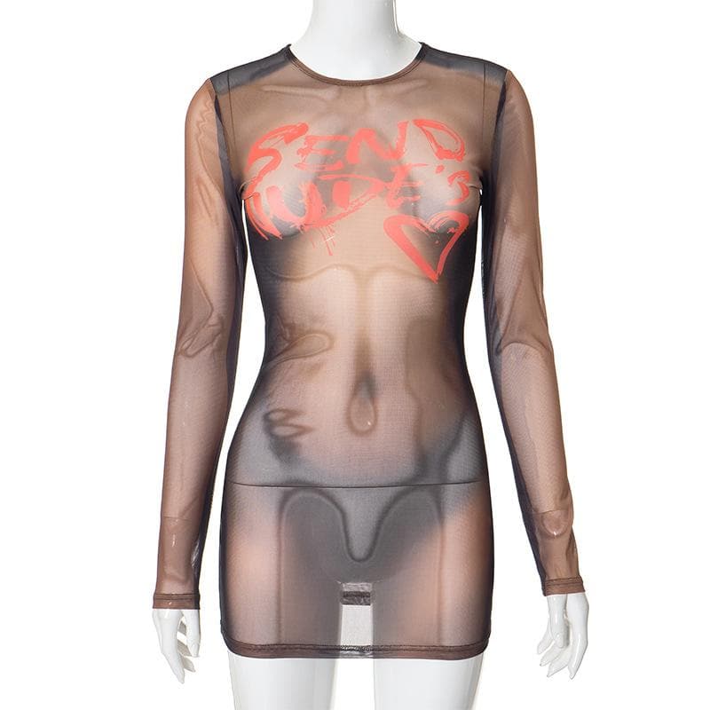 Long sleeve body print sheer mesh crewneck mini dress  | samba dress