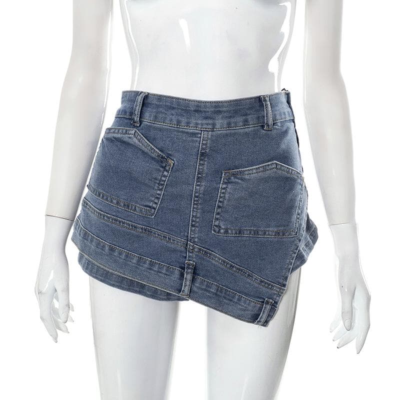 Patchwork irregular stitch 2-way zip-up denim shorts