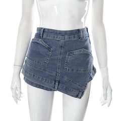 Patchwork irregular stitch 2-way zip-up denim shorts