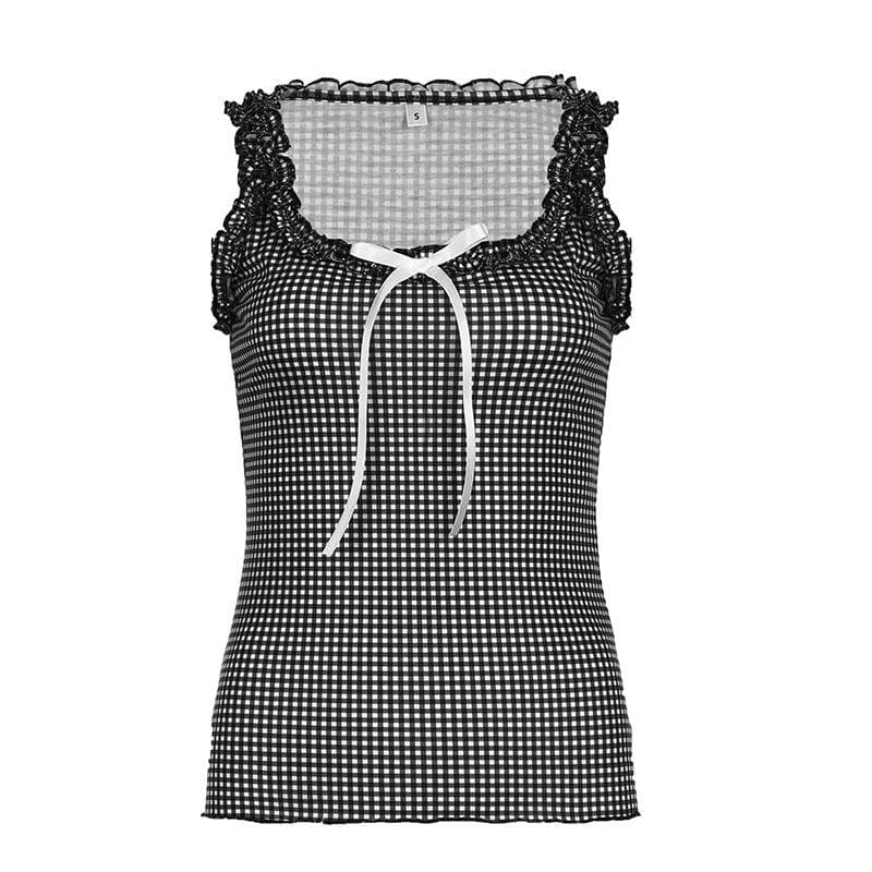 U neck plaid bowknot ruffle contrast ribbon tank top