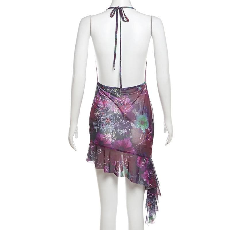 Halter cowl neck beaded sheer mesh print mini dress  | samba dress