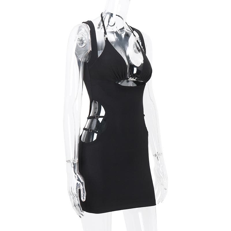 Halter metal letter hollow out cut out mini dress