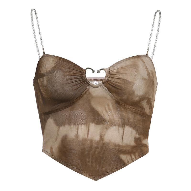 Ruched metal chain sheer mesh see through tie dye crop top