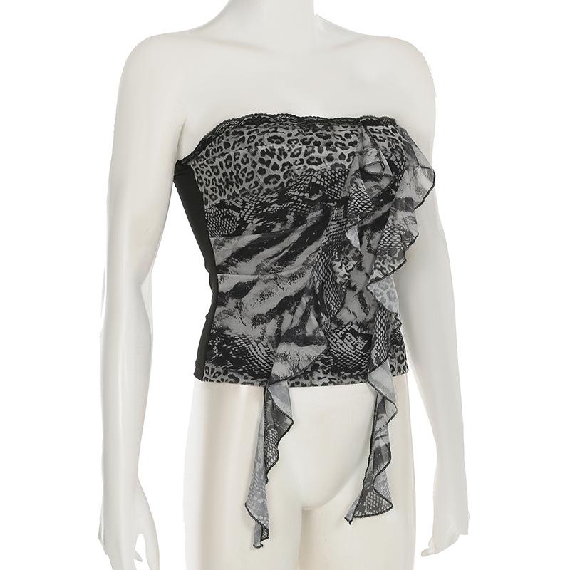 Leopard print ruffle lace hem tube top