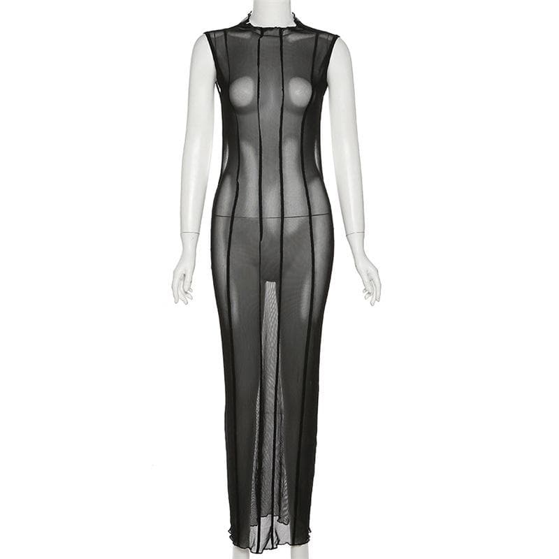 Sleeveless solid sheer mesh see through backless midi dress  | samba dress