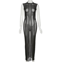 Sleeveless solid sheer mesh see through backless midi dress  | samba dress