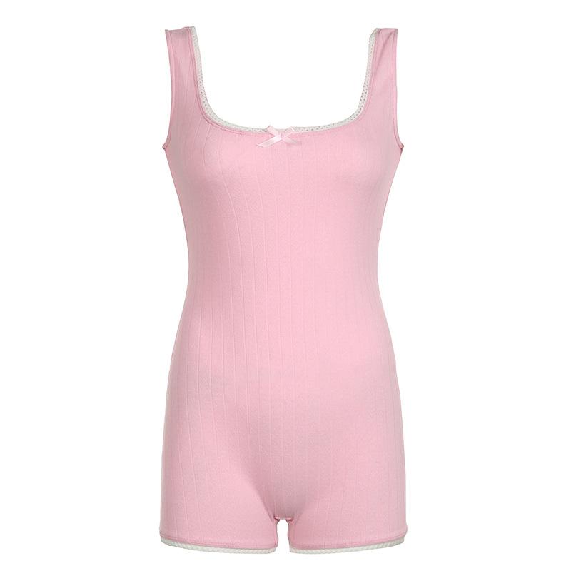 Square neck bowknot textured lace hem romper