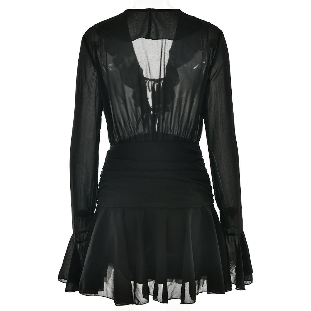 V neck long sleeve chiffon ruched ruffle mini dress