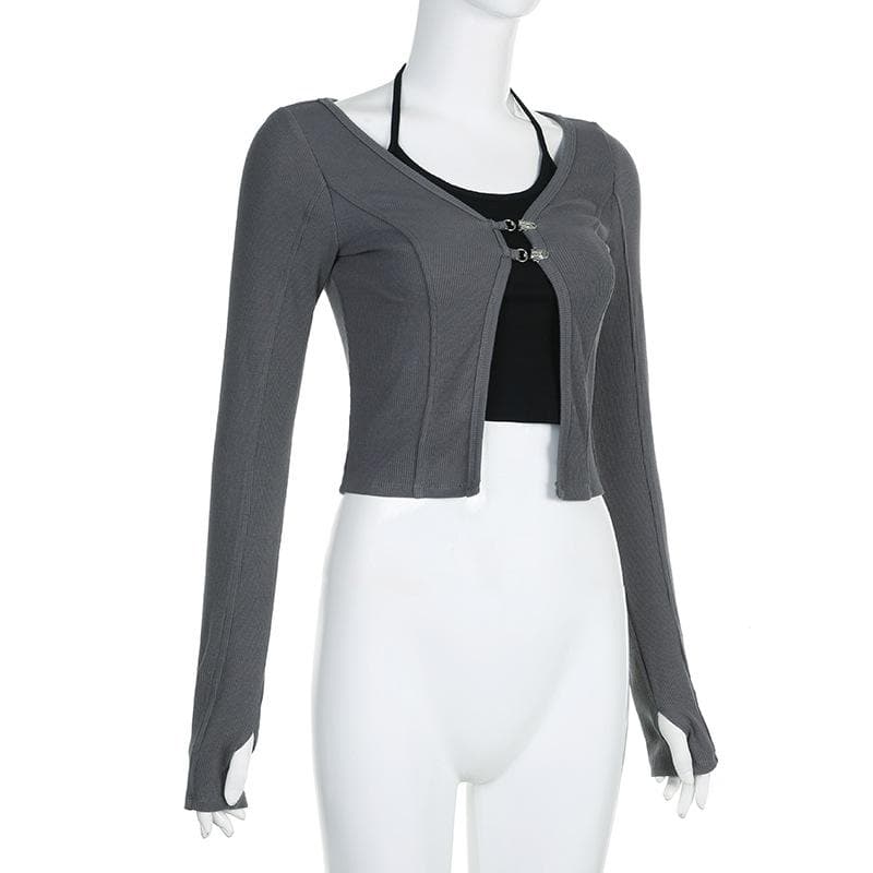 Button stitch long sleeve gloves contrast halter 2 piece crop top