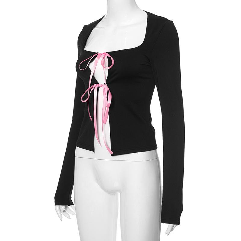 Long sleeve bowknot hollow out ribbon top