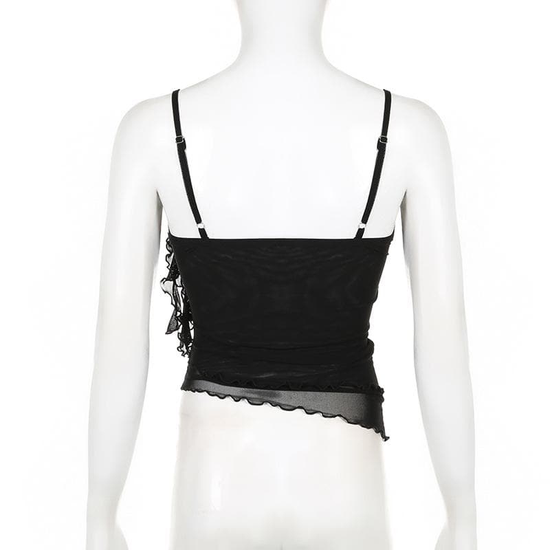 Sheer mesh flower applique ruffle u neck irregular crop top