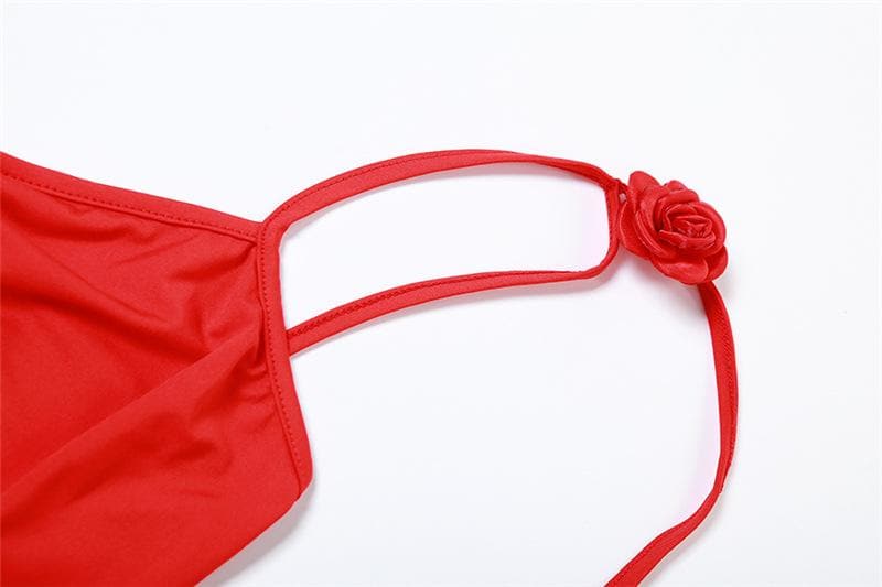 Flower applique backless solid v neck ribbon cami maxi dress  | red tango dress