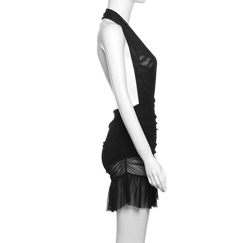 Halter ruched mesh ruffle backless mini dress