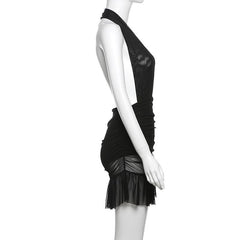 Halter ruched mesh ruffle backless mini dress