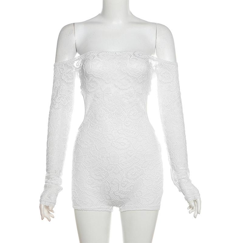 Long sleeve off shoulder backless lace see through romper