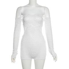 Long sleeve off shoulder backless lace see through romper