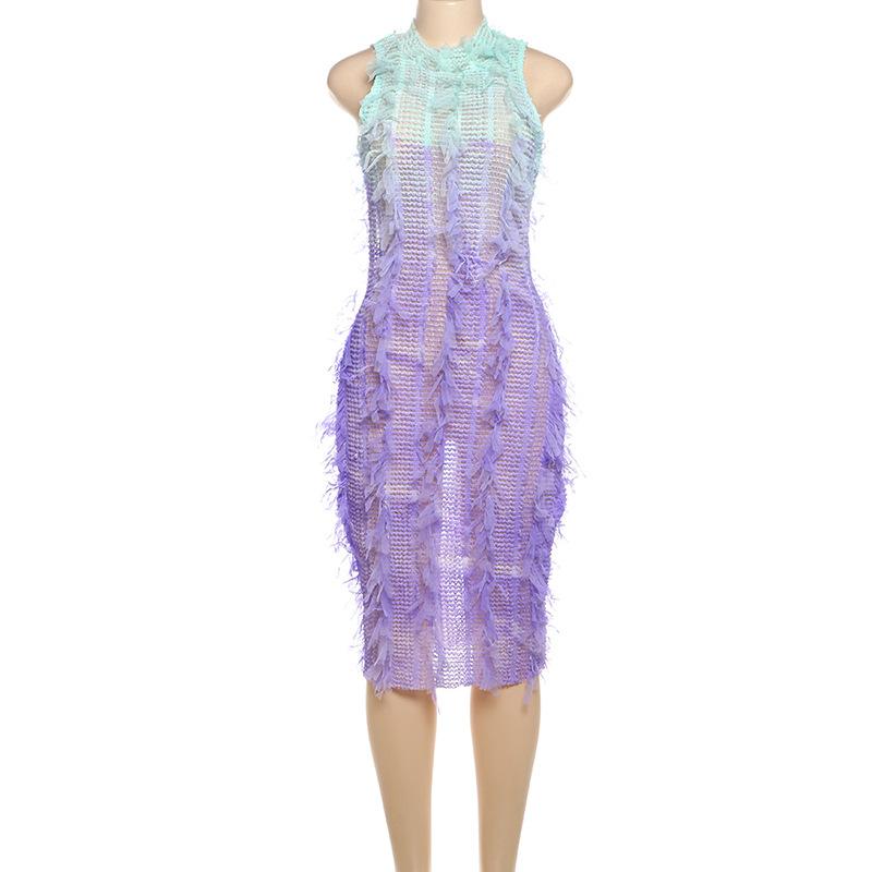 Gradient tassels hollow out see through crewneck midi dress