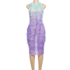 Gradient tassels hollow out see through crewneck midi dress