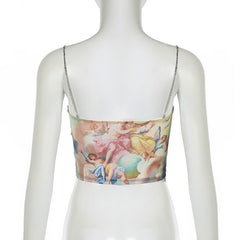 Metal chain print lace hem cami crop top
