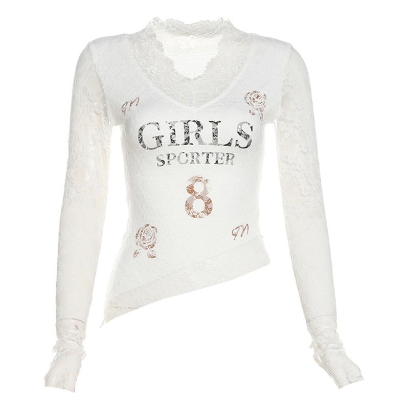 Long sleeve v neck lace print top