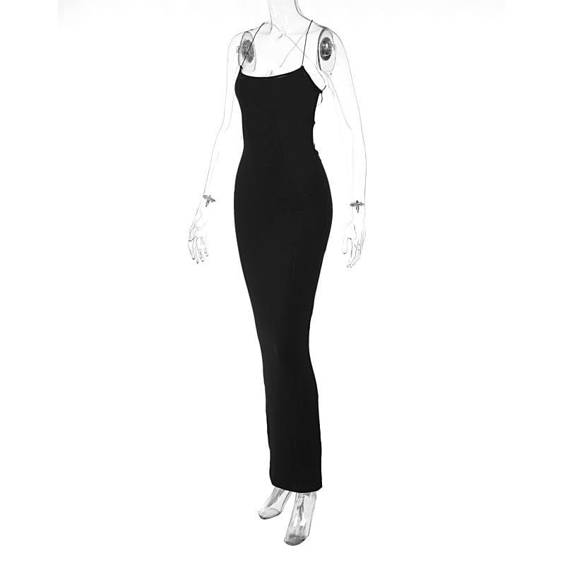 Cross back lace up square neck backless self tie slit maxi dress  | black rave dress  | black rave dress