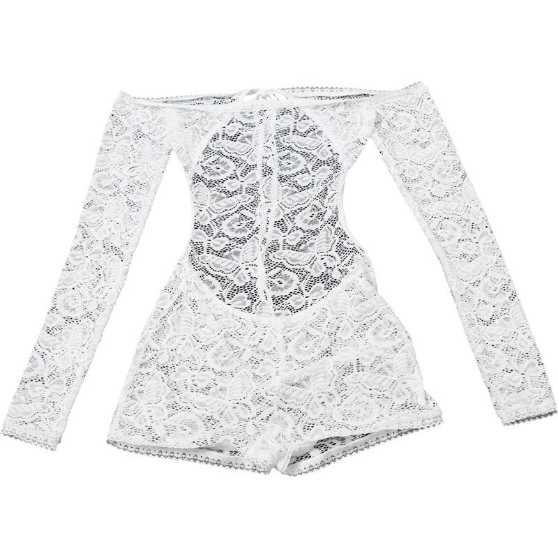 Long sleeve off shoulder backless lace see through romper
