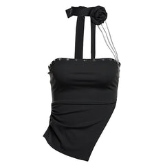Ruched flower applique irregular self tie solid tube top