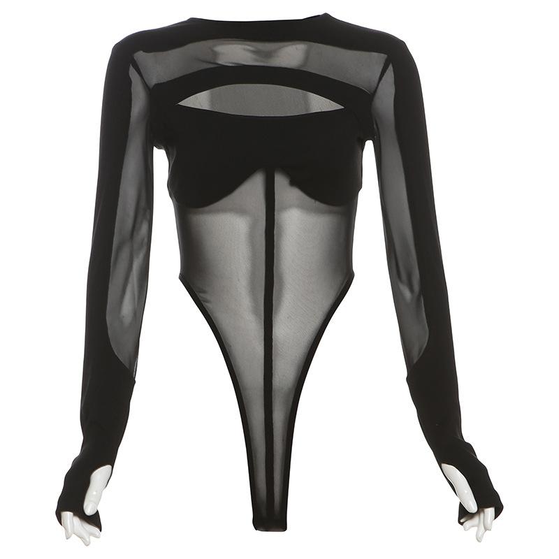Hollow out long sleeve gloves button mesh bodysuit