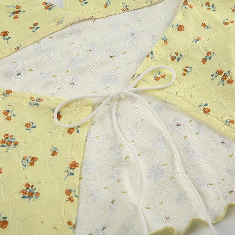 Halter v neck flower print backless textured top