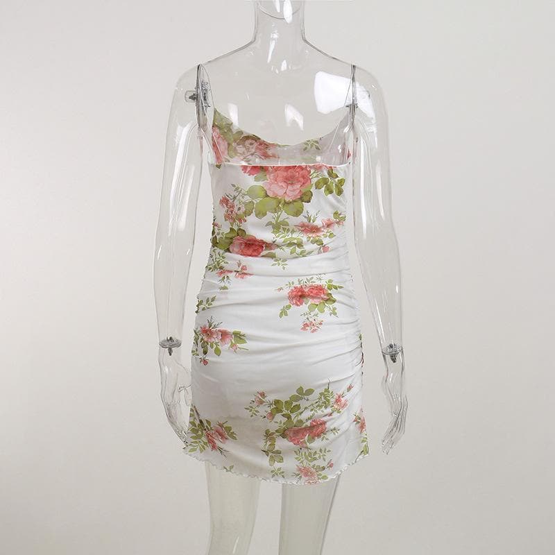 Cowl neck sheer mesh flower print ruffle cami mini dress  | samba dress