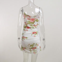 Cowl neck sheer mesh flower print ruffle cami mini dress  | samba dress