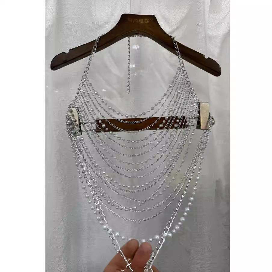 Halter metal chain beaded hollow out top
