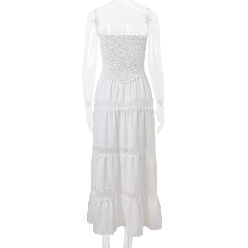Smocked ruched lace patchwork tube midi dress
