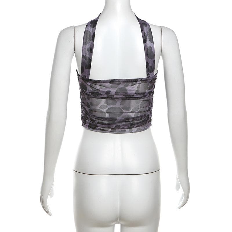 Halter metal tag leopard print sheer mesh top