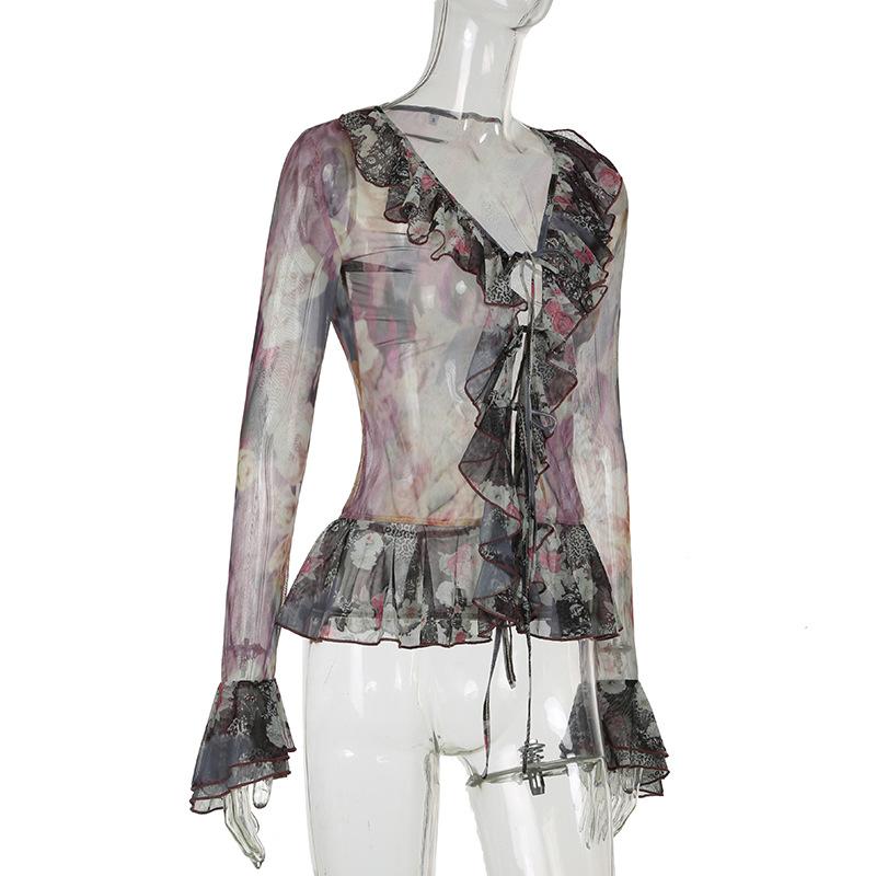 Long flared sleeve mesh abstract ruffle self tie top