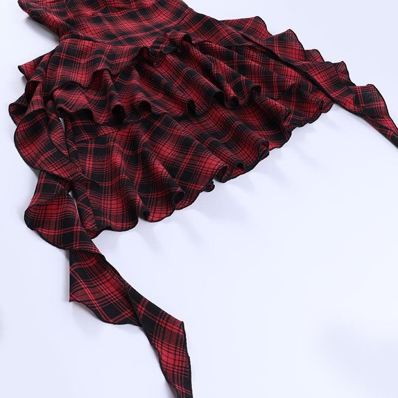 Zip-up halter contrast irregular plaid backless mini dress  | red tango dress