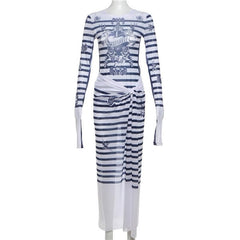Sheer mesh see through striped long sleeve knotted maxi skirt set
