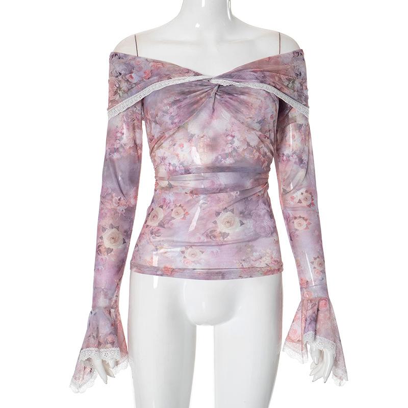 Off shoulder long sleeve flower print lace hem mesh top