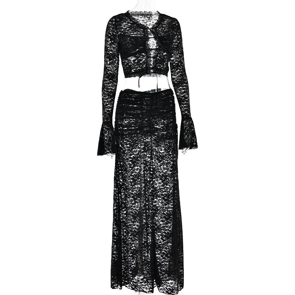 Long flared sleeve lace see through maxi skirt set