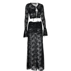 Long flared sleeve lace see through maxi skirt set