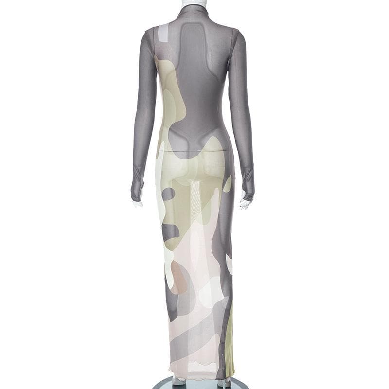 Long sleeve high neck print sheer mesh gloves maxi dress  | samba dress