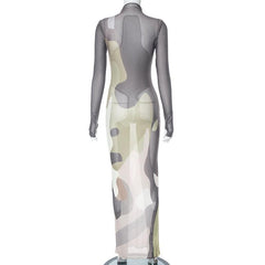 Long sleeve high neck print sheer mesh gloves maxi dress  | samba dress