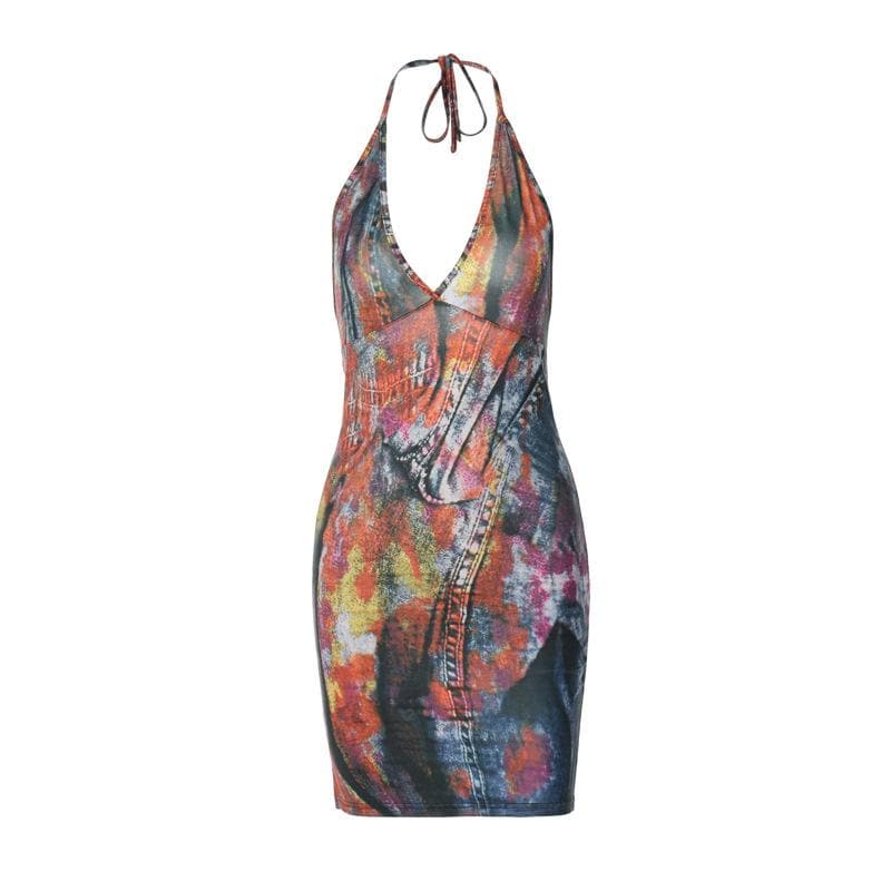 Backless halter self tie v neck contrast print mini dress  | red tango dress