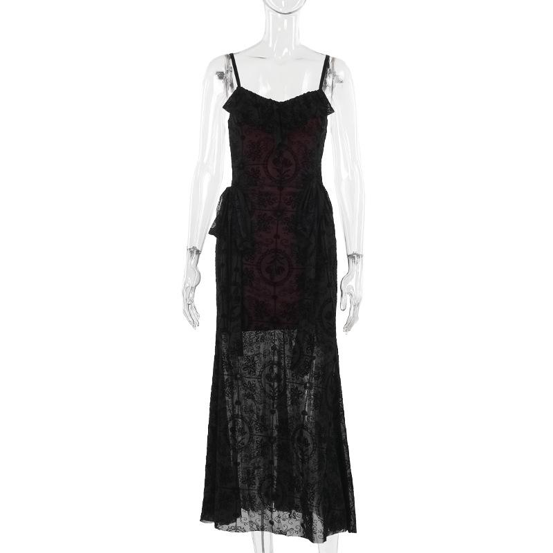 V neck ruffle mesh cami maxi dress  | red tango dress