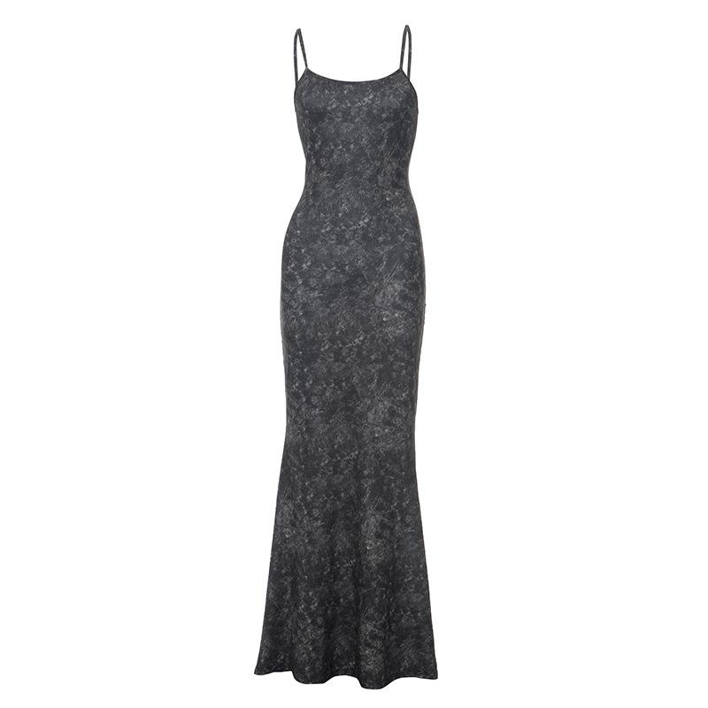 U neck print backless cami maxi dress