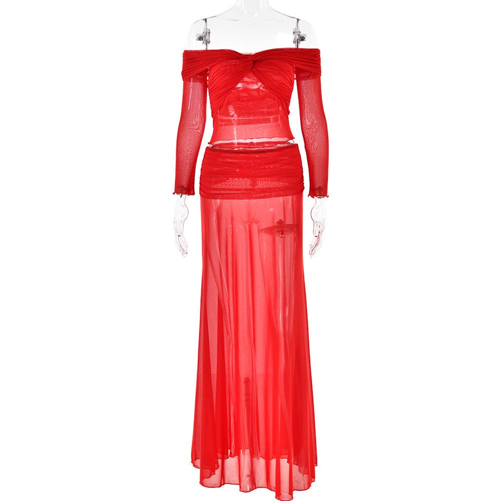 Long sleeve off shoulder sheer mesh maxi skirt set